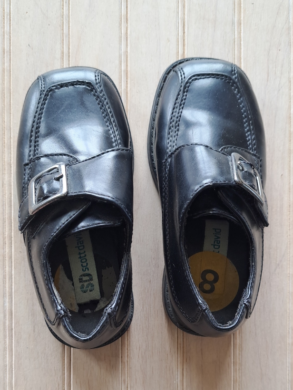 Scott David Formal Boy Blk Square Toe Dress Shoes Velcro Strap Silver Buckle